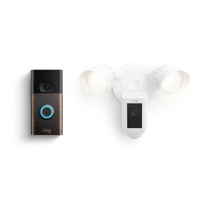 Ring Floodlight Cam Wired Plus, White with Ring Video Doorbell, Venetian Bronze