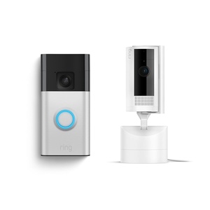 Ring Battery Doorbell with Ring Pan-Tilt Indoor Cam (White)(Satin Nickel)