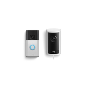 Ring Outdoor Cam Pro, Plug-In (Newest Model), White with Battery Doorbell, Satin Nickel